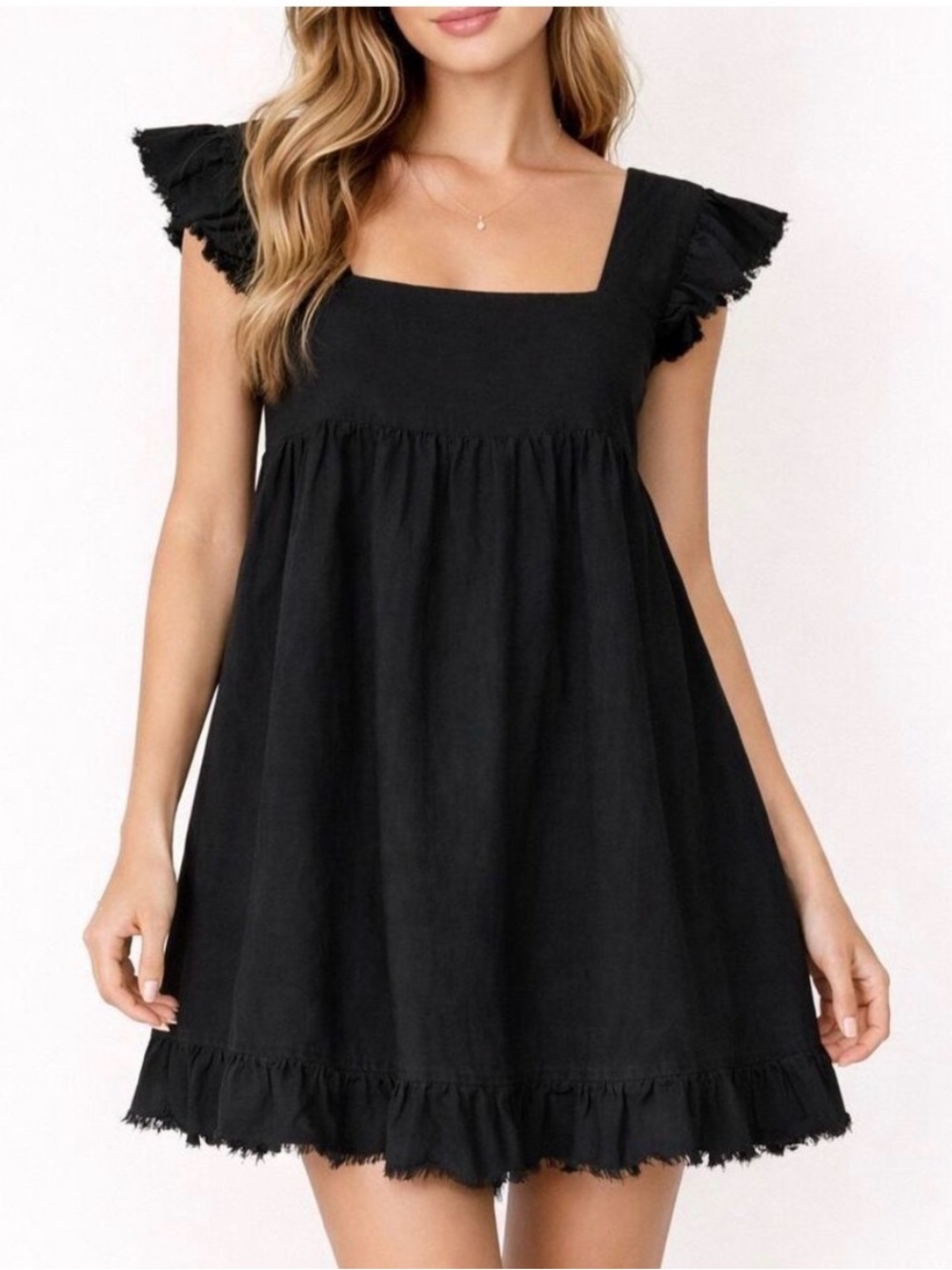 aerie Black Square Neck Ruffle Sleeve Mini Dress